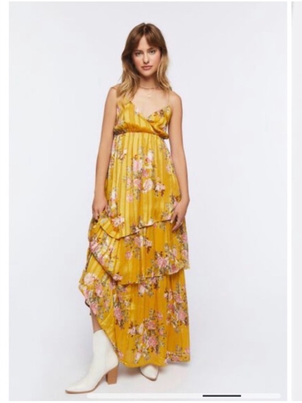H&M Yellow Floral Tiered Maxi Dress with Pink Bloom